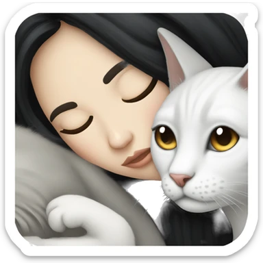 A pretty white girl with very long black hair and sleeping curled up to a white cat  sticker