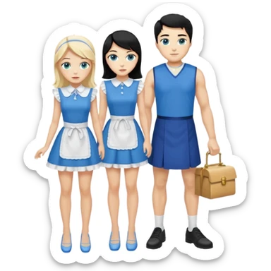 King, black hair, body, legst, blue eyes, blue garmont,  shoes, blonde maid, green eyes, sexy short sleveless White dress, shoes sticker