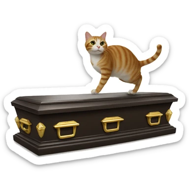 a cat doing a kickflip on a casket sticker