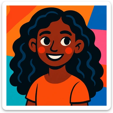 portrait of a dark-skinned girl with long curly hair, vibrant cartoon style sticker