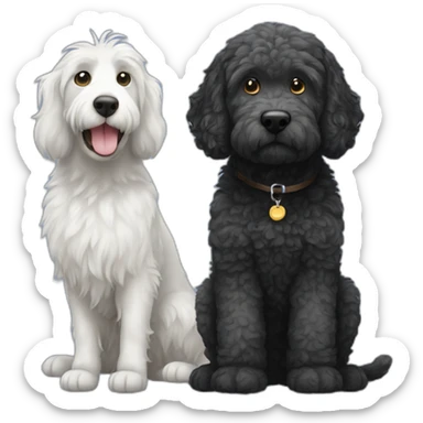 grey cat with white spots, and a black labradoodle sticker