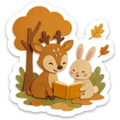 cute deer and bunny reading together in a soft autumn forest scene, paper-craft style sticker
