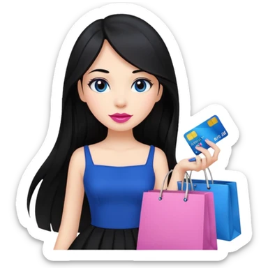 Girl with long black hair, pink lipstick, brown eyes holding shopping bags and blue credit card and wearing a black dress  sticker