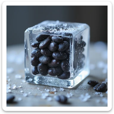 Make this image photorealistic, with black beans inside a clear ice cube. Add visible frost and condensation on the surface. Keep the background transparent. sticker
