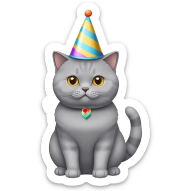 British Shorthair cat full body sitting with a party hat sticker
