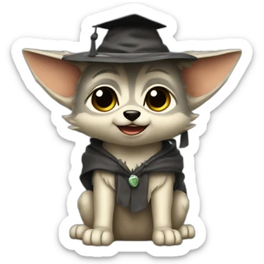 cuty wolf whole body sitted similar to baby yoda with a university mortarboard sticker