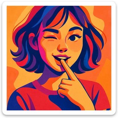 modern illustration of a girl with a finger in her mouth, playful expression, vibrant colors sticker