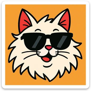 white long-haired cat face with black sunglasses, playful cartoon style sticker