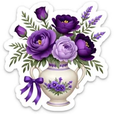 A dainty porcelain vase, hand-painted with delicate lavender pansies and deep purple roses, holds an elegant bouquet of amethyst-hued peonies, fragrant sprigs of wild lavender, and trailing silk ribbons, with a tiny heart-shaped charm dangling from its neck, swaying gently in the evening breeze.
 sticker