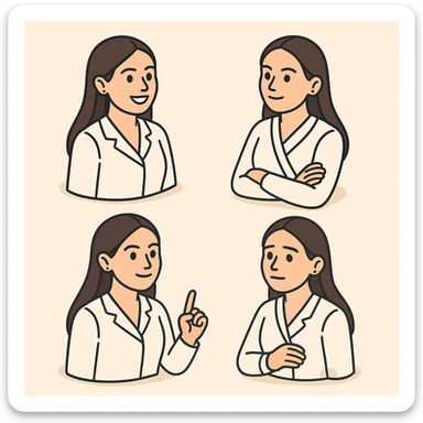 Edit the image of a female doctor with dark long straight hair and brown eyes, smiling, wearing a white medical coat. Create multiple variations with different poses and facial expressions in 2D isometric style with a minimalist background. sticker