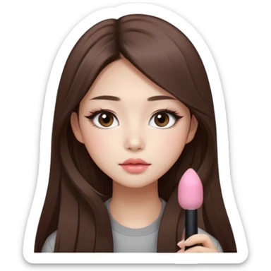 “korean straight long brown hair Emoji girl, soft eyeliner and blush, gradient lips, light brown shimmer eyeshadow sticker