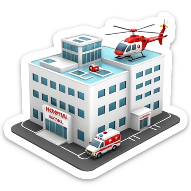 3d hospital outside, with text hospital, ambulance, helicopter , no background sticker
