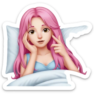 Young Woman with long pink hair In bed with hand up to nose  sticker