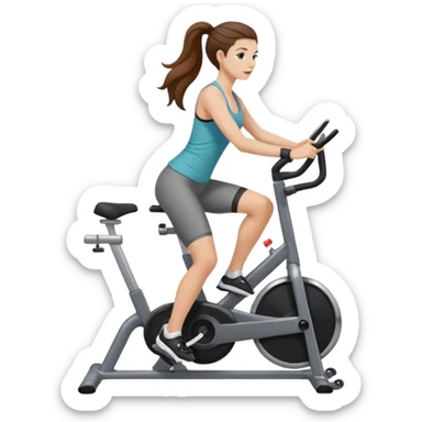 woman with long brown hair pulled back, fair skin, wearing ankle-length leggings on a stationary bike sticker