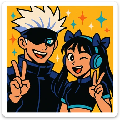 Gojo Satoru and his female protégé, both making peace signs, playful expressions, Gojo with black shades and icy-blue eyes, protégé with long black hair, twin bows, cropped black top with cyan accents, blue headphones, sparkly doodle background, in vibrant toon style sticker