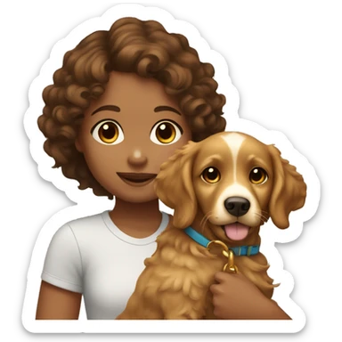 Tan skinned girl with  brown curly hair with a golden retriever puppy sticker