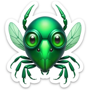 Cinematic Noble Green Bugdie Portrait Emoji, Poised and regal, with a tiny, delicate build and a vibrant, well-detailed emerald exoskeleton, deep-set soulful multifaceted eyes, Simplified yet sharp and sophisticated features, highly detailed, glowing with a soft, dignified glow, high shine, intelligent and alert, stylized with an air of miniature majesty, focused and attentive, soft glowing outline, capturing the essence of a watchful and confident insect, so majestic it feels as though it could scuttle out of the screen with effortless authority! sticker