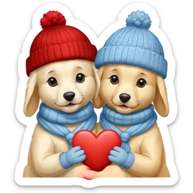 2 English cream golden retrievers cuddling with winter hats and heart in between them. Make them pale dogs  sticker