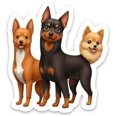 Doberman Pinscher and Pomeranian Spitz standing side by side. The Doberman has a sleek black and tan coat with alert ears, while the Pomeranian has a fluffy orange coat and a joyful expression. Beautiful natural background, with a clear blue sky and green grass. Transparent background. sticker