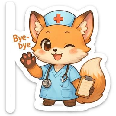 chibi anime style fox character, medical theme, saying goodbye, cute, colorful, detailed sticker