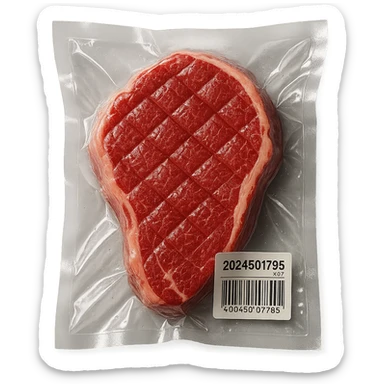 diamond-textured meat steak, shiny and inflated, vacuum-sealed style sticker
