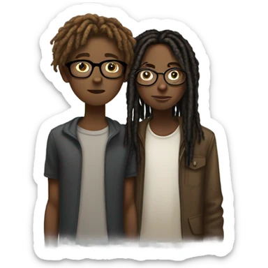 Black teenager with dreads kissing a taller white teenager with glasses , short brown hair , and a few freckles . sticker
