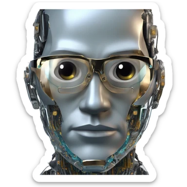 Male cyborg head with metallic plated face, flat top, glasses and circuits sticker