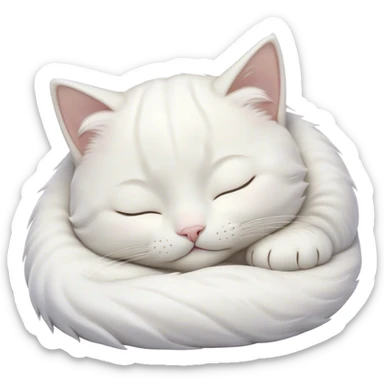 Meme-Worthy Cute Sleeping White Cat Portrait Emoji, Head peacefully tilted with a tender, contented smile and eyes gently closed in serene slumber, featuring a pristine white fur with subtle, delicate silver accents, simplified yet irresistibly adorable, highly detailed, glowing with a soft, drowsy radiance, high shine, exuding calm, heartwarming charm, styled with a gentle, soft glowing outline, capturing the essence of a sleeping white cat that seems destined to become the next viral icon of adorable repose! sticker