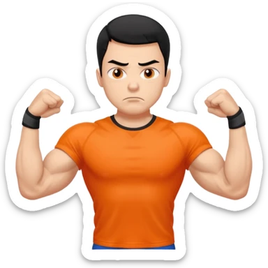 Mach mir einen unglücklichen typen der im gym trainert und viele muskeln hat mit einem orangen sport thshirt und schwarzen kurzen haaren sticker