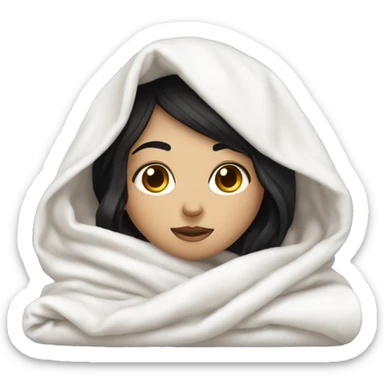Pale Girl with black hair  laying down cozy in a white blanket sticker