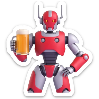 Sector from Mortal Kombat, robotic cyborg with red and silver armor, holding a beer mug, cheerful expression, vibrant colors sticker