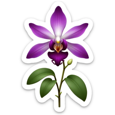 Cinematic Realistic Orchid Emoji, Exotic and elegant, with intricate, velvety petals in deep purple and white, forming a delicate and symmetrical blossom. The slender green stem holds the flower high, while surrounding leaves add lush contrast. Soft glowing outline, capturing the essence of rare beauty and sophistication in a captivating orchid. sticker