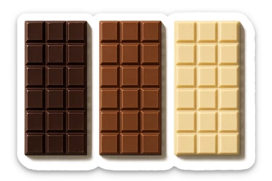 3 BARRETTE DI CIOCCOLATO, UNA FONDENTE, UNA AL LATTE E UNA BIANCA, CON OMBRA REALISTICA, VISTE DALL'ALTO, IPERREALISTICO 4K sticker