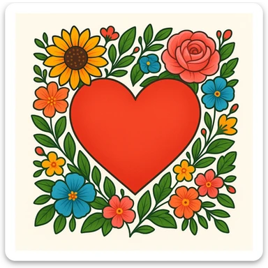 heart with a floral border, digital illustration, clean sticker