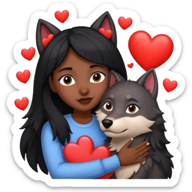 Black hair girl hugging a big wolf with hearts above them sticker