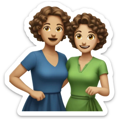 woman with brown curly hair in blue dress dancing with woman with brown wavy hair in green shirt  sticker