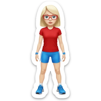 45 yr old white woman, pale skin, long straight blond hair parted in center, blue eyes, bangs, clothes for gym, big red glasses sticker