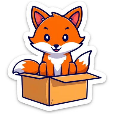 Mischievous fox playing in a colorful cardboard box, kids toy style sticker