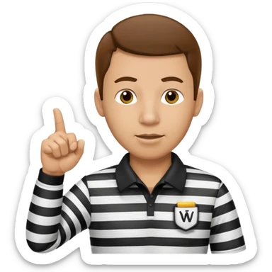 A calm referee with striped shirt, pointing clearly toward the field wearing whistle  sticker