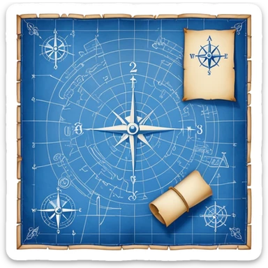 blue blueprint plan with white treasure map symbols and a path sticker