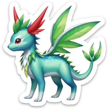 Shiny Colorful Tropical Shaymin-Vaporeon-Sceptile-Flygon-Meloetta-Pokémon-Fakémon-fusion, full body sticker