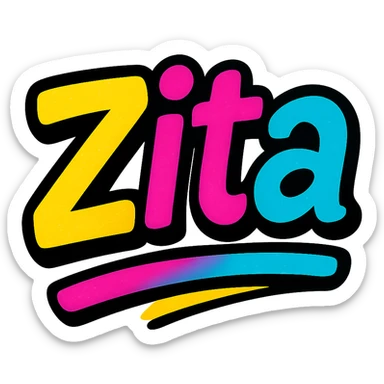 Zita name in modern colorful gradient font with dark outline, dynamic slanted or partial underline, transparent background, in the style of reference patterns sticker
