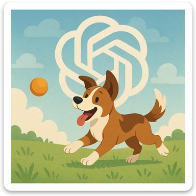 chat gpt image logo on the background of a dog chasing ball sticker