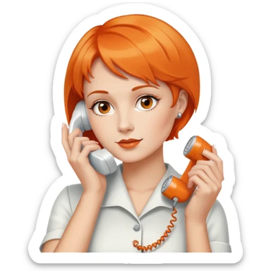 woman with short orange hair holding a vintage white phone to her ear, upper body sticker