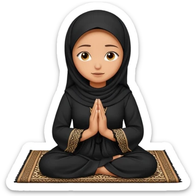 muslim woman praying on a praying mat with a black laced abaya on sticker