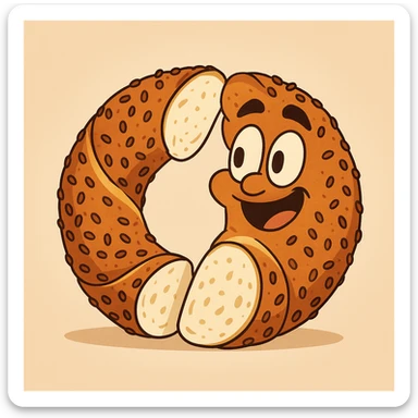 a simit sliced in half, showing soft interior, flat cartoon style, playful and clean look sticker