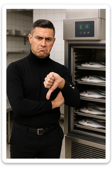 a man stands in front of a commercial fish blast freezer (abbattitore), arms crossed and a displeased, skeptical expression on his face. He shakes his head or gives a thumbs down, clearly rejecting the use of the freezer. The background shows a professional kitchen or fish processing area, with trays of fish ready for freezing. in italiano sticker