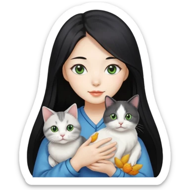 A pretty Korean woman with long black hair, white skin, holding a gray-lined green-eyed cat and a white blue-eyed blind chicken cat
 sticker