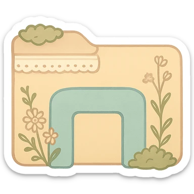 Create a File Explorer icon in cottagecore style: folder with a blue arch, decorated with wildflowers, moss, and lace, soft pastel and earthy colors, no text, transparent background. sticker