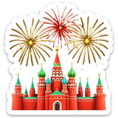 Apple style 3D emoji of New Year fireworks over Moscow. Vibrant multi-colored sparkling bursts (red, gold, green) in the sky. Below, a simplified glossy 3D silhouette of the Kremlin towers with glowing red stars. 
 sticker